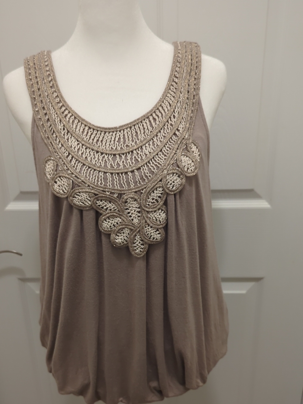 Sleeveless Crochet Yoke Tank Top in Taupe